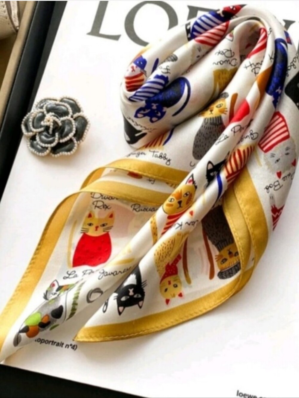 Cat Print Silk-Feel Scarf with Mustard Border - Picture 4 of 4